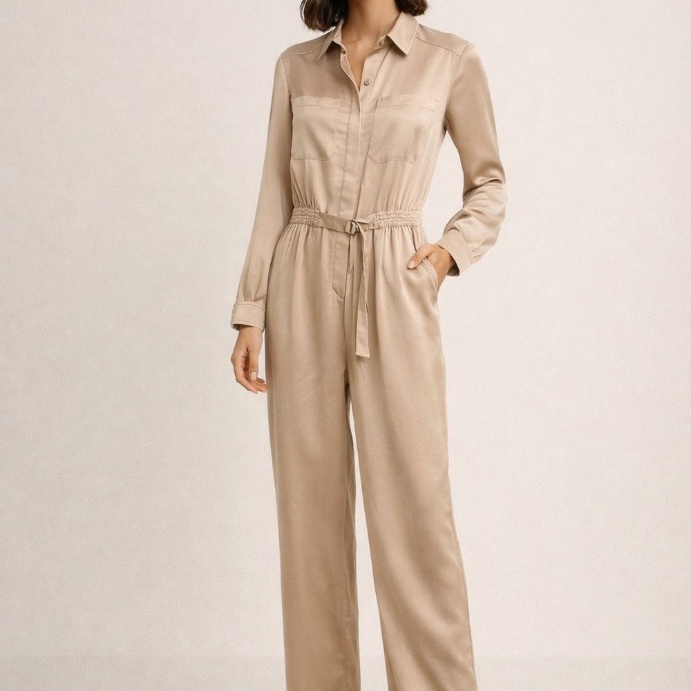 French‎ Connection Champagne Long Sleeve Utility Jumpsuit US 2 Elastic Waist